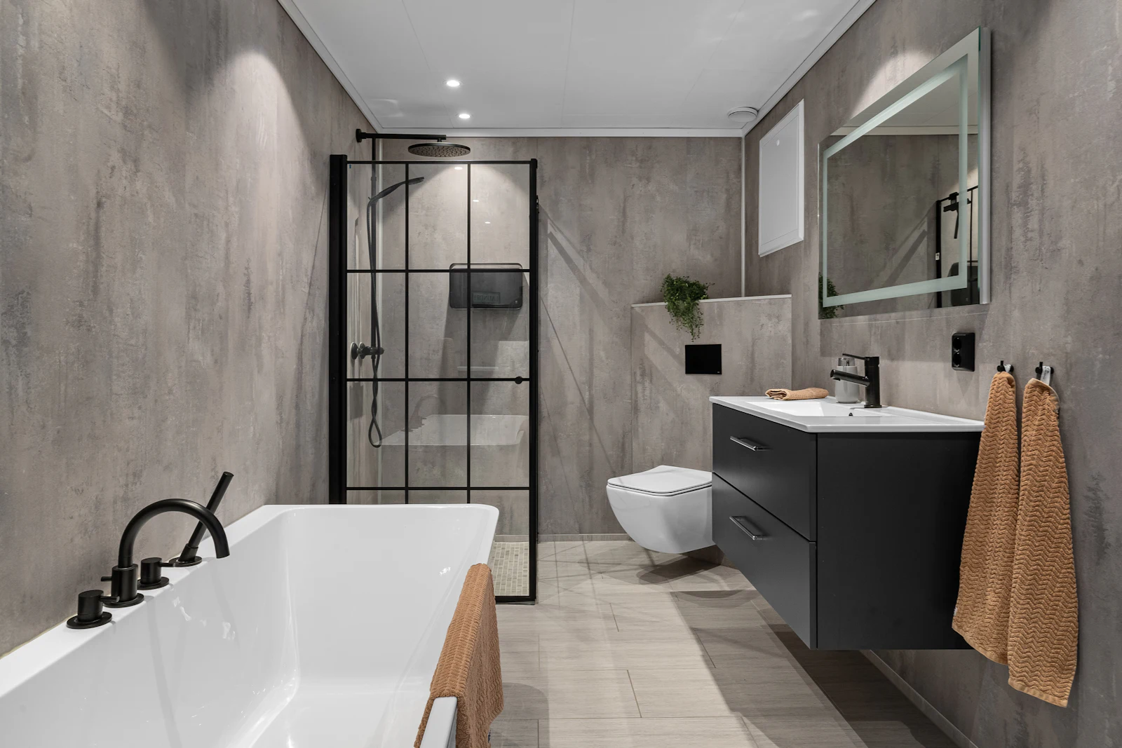 Bathroom with a black-framed shower and soaking tub