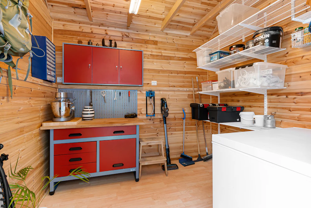 organized garage with storage cabinets