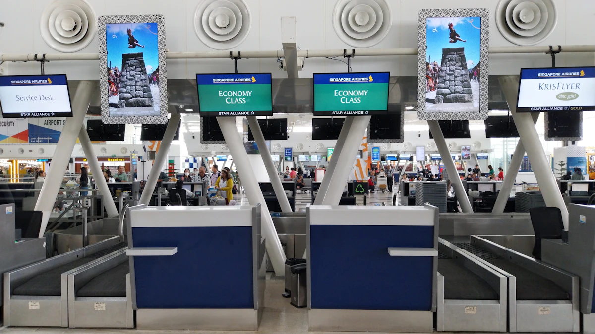 Travelers passing through a row of automated border gates at an airport terminal