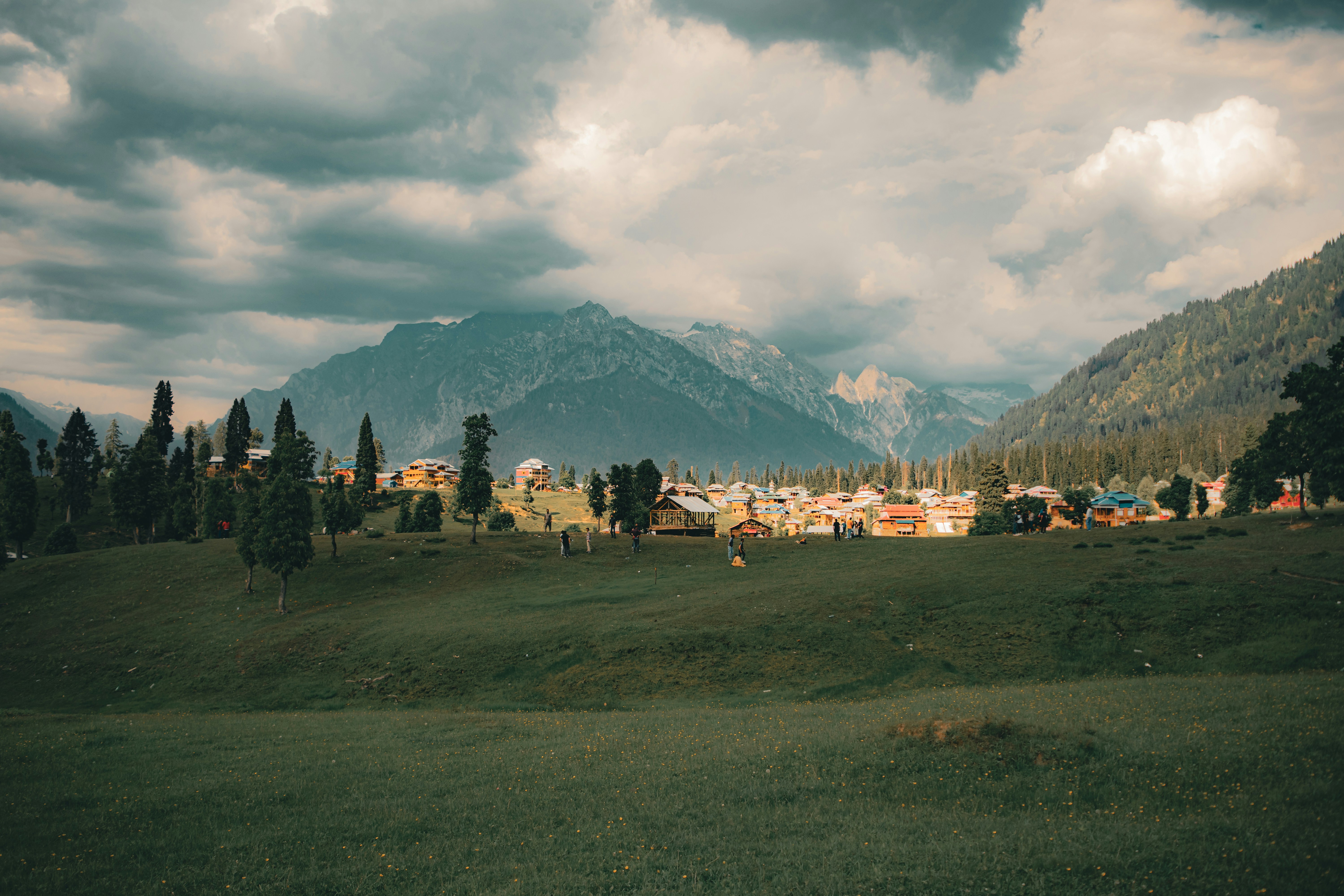 Un campo verde con casas y montañas al fondo