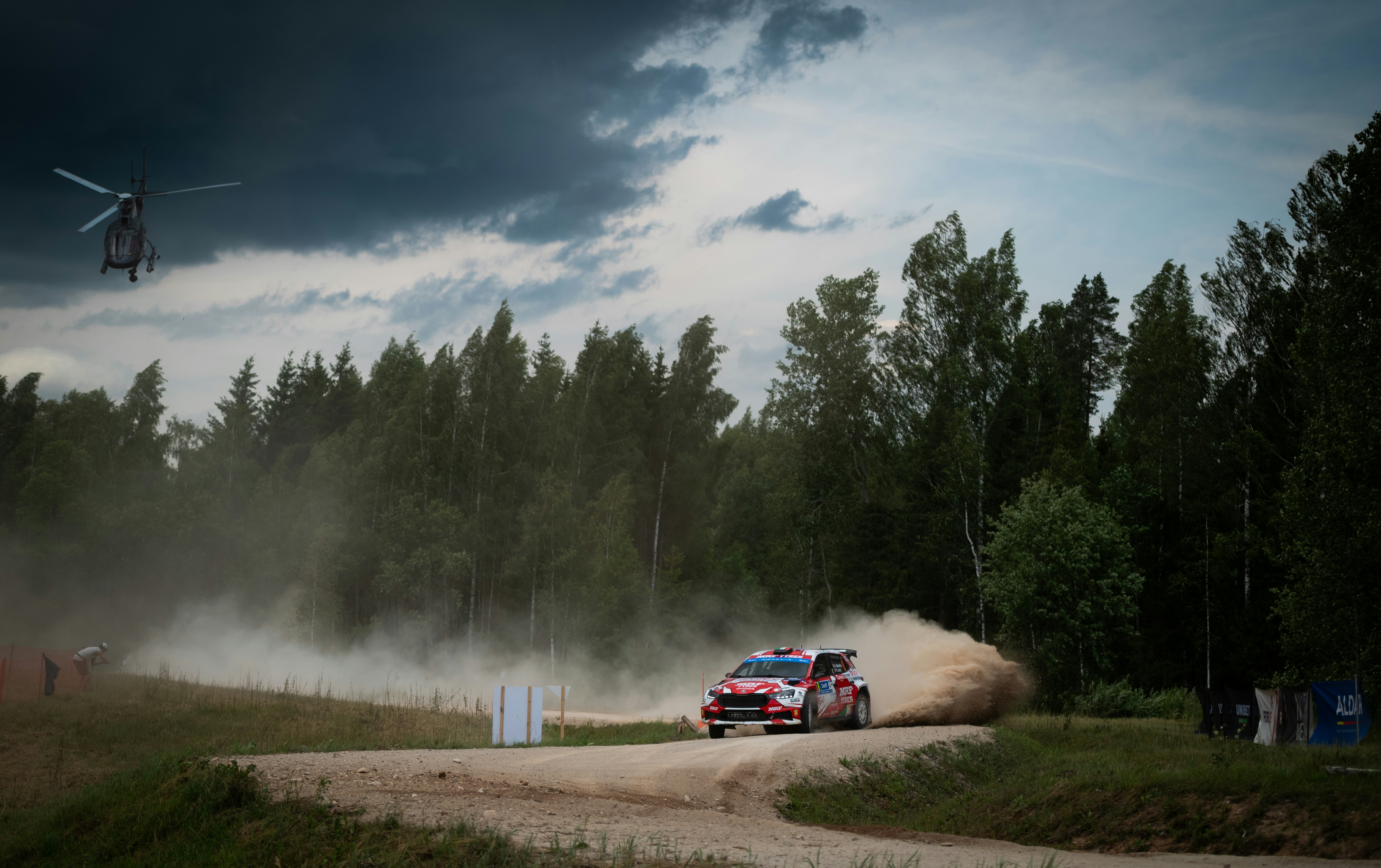 A car driving down a dirt road next to a forest