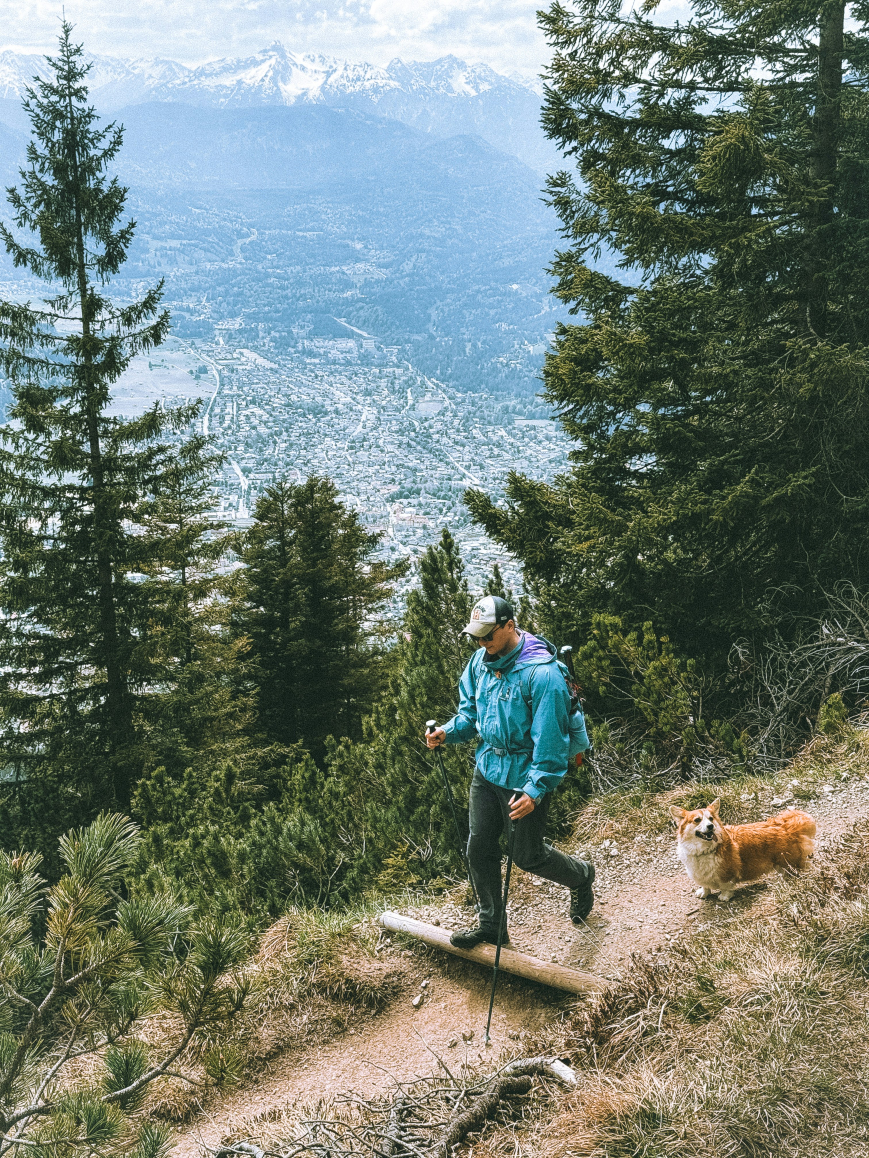 A man hiking up a hill with his dog