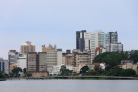 A large body of water with a city in the background