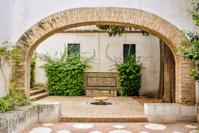 A courtyard with a bench and potted plants