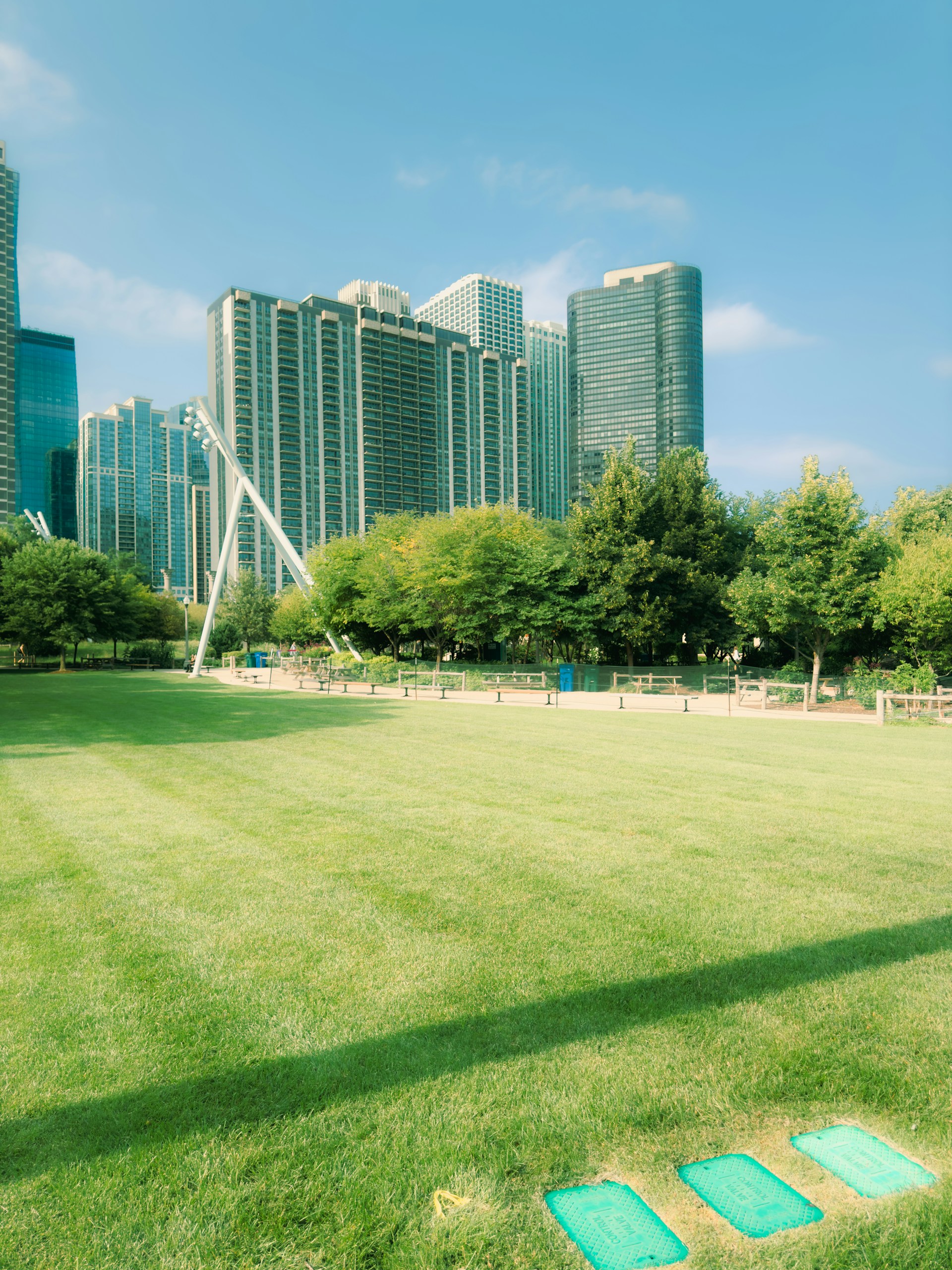 A green field with a blue marker in the middle of it