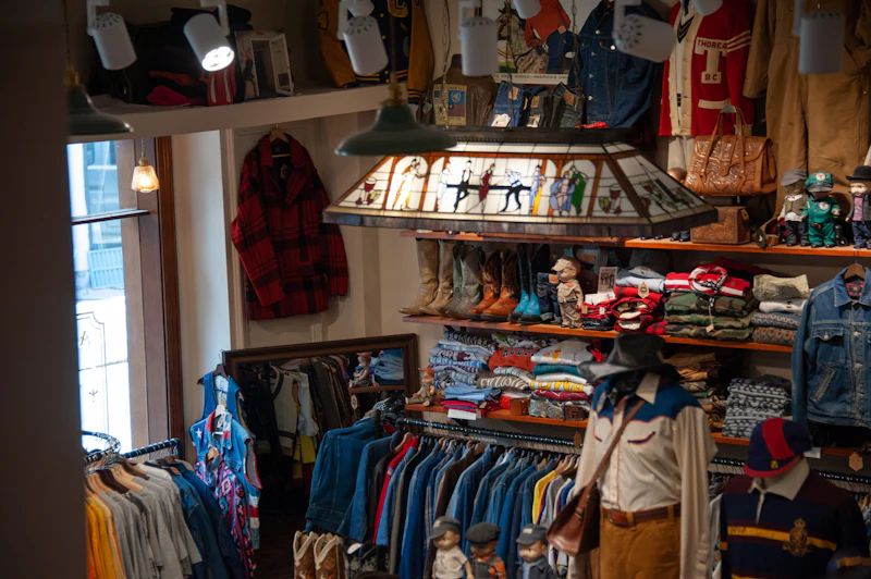 Store display of folded vintage clothing and accessories.