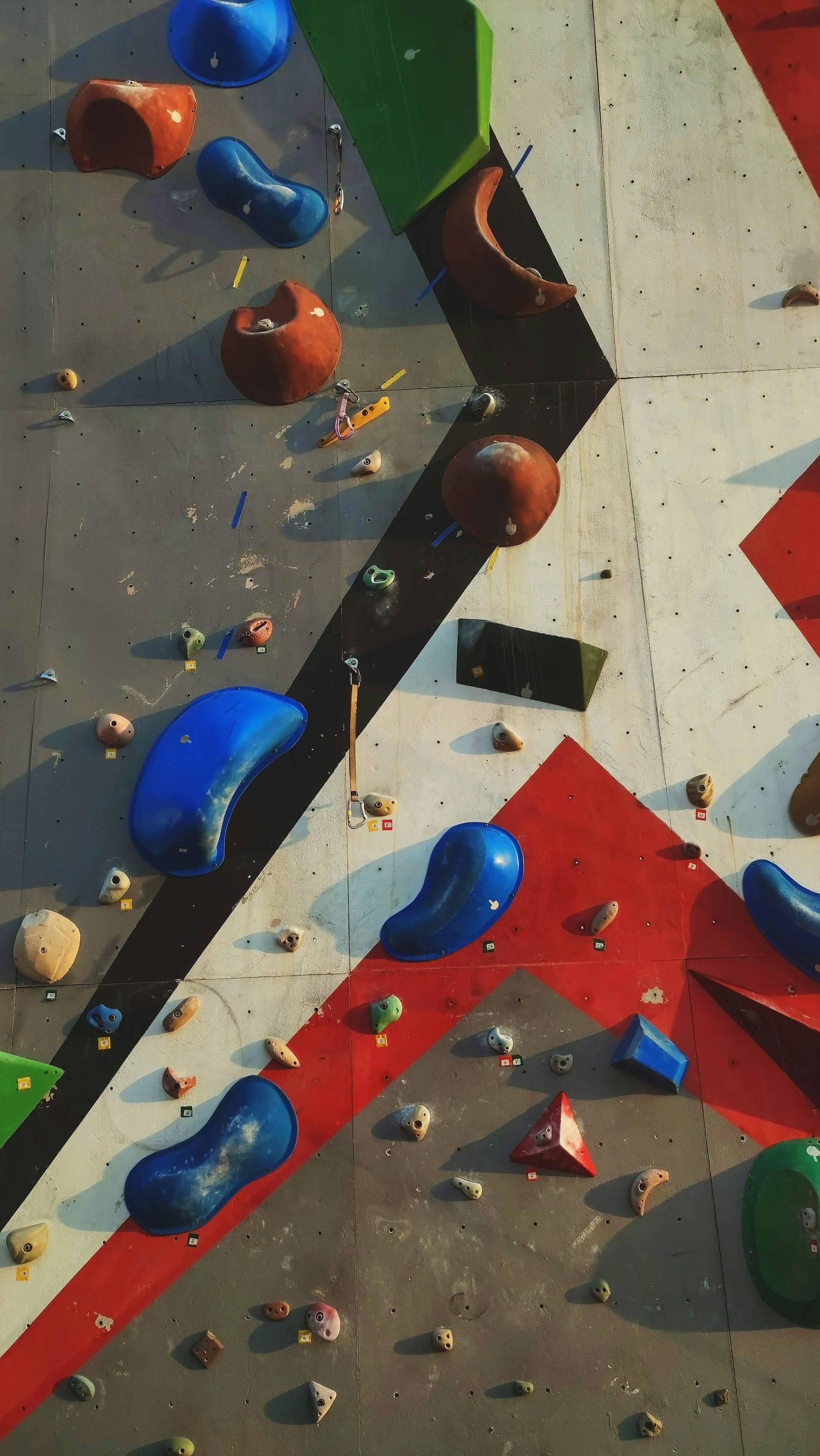 Colorful indoor climbing walls of various heights and difficulty levels with safety padding