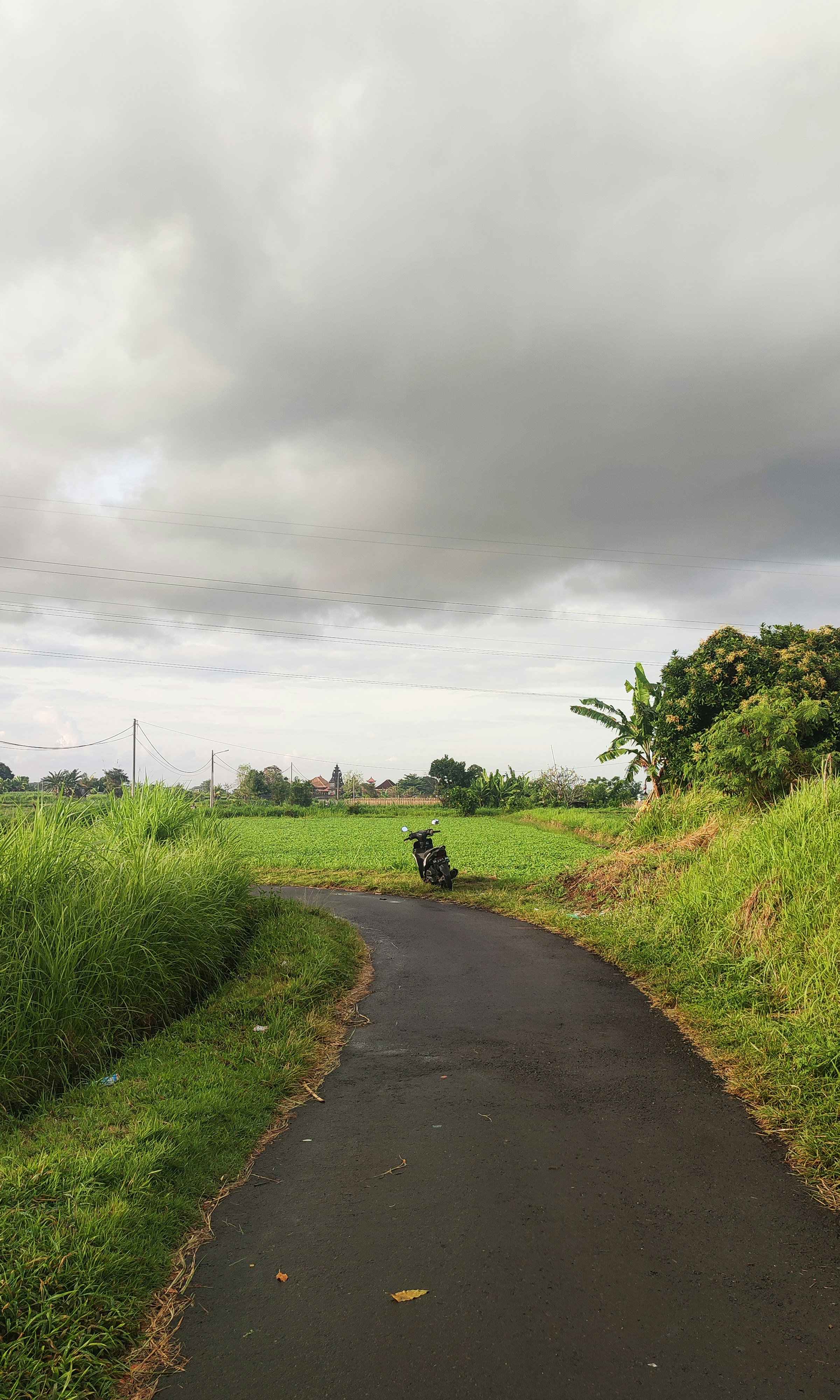A motorcycle is parked on the side of the road