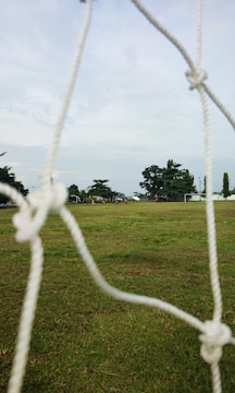 A close up of a soccer goal net with trees in the background