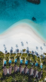 An aerial view of a beach and resort