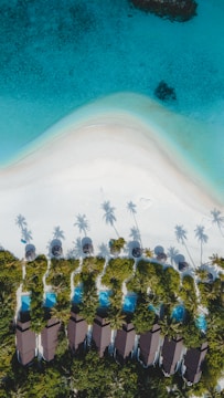 An aerial view of a beach and resort