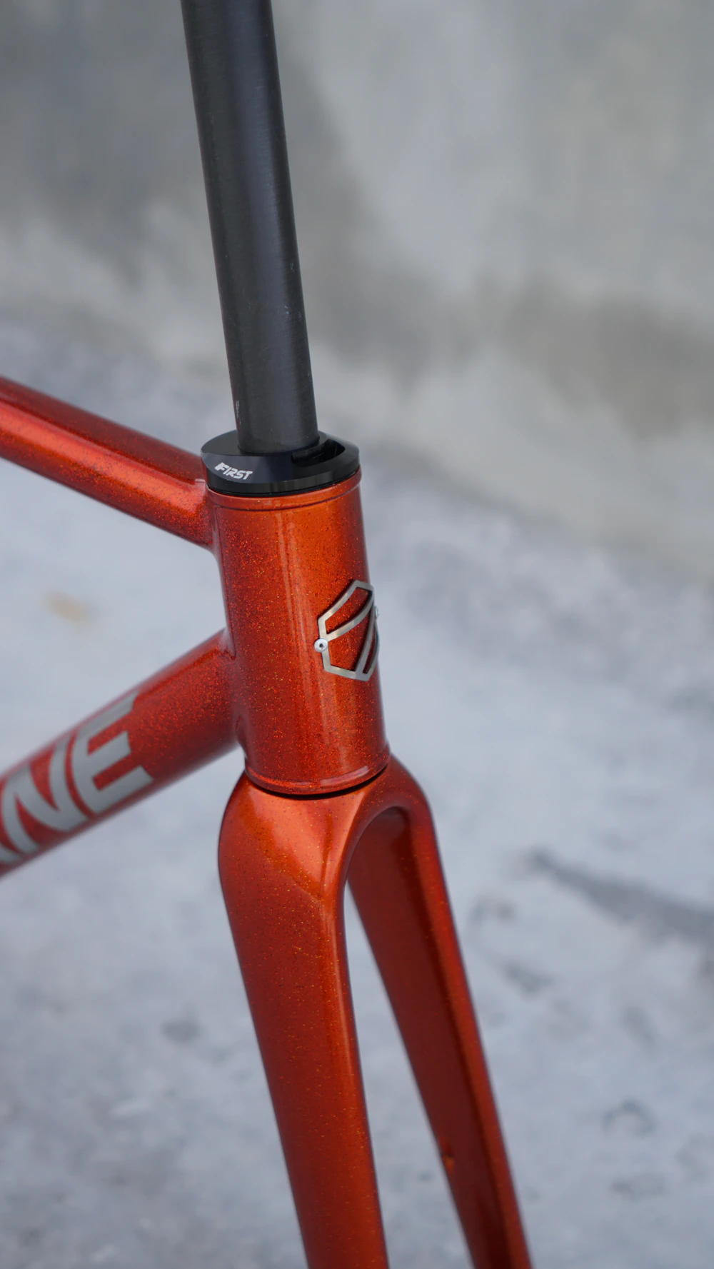 Close-up detail of a road bike frame and components