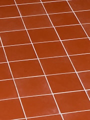 A cat sitting on a tiled floor looking at the camera