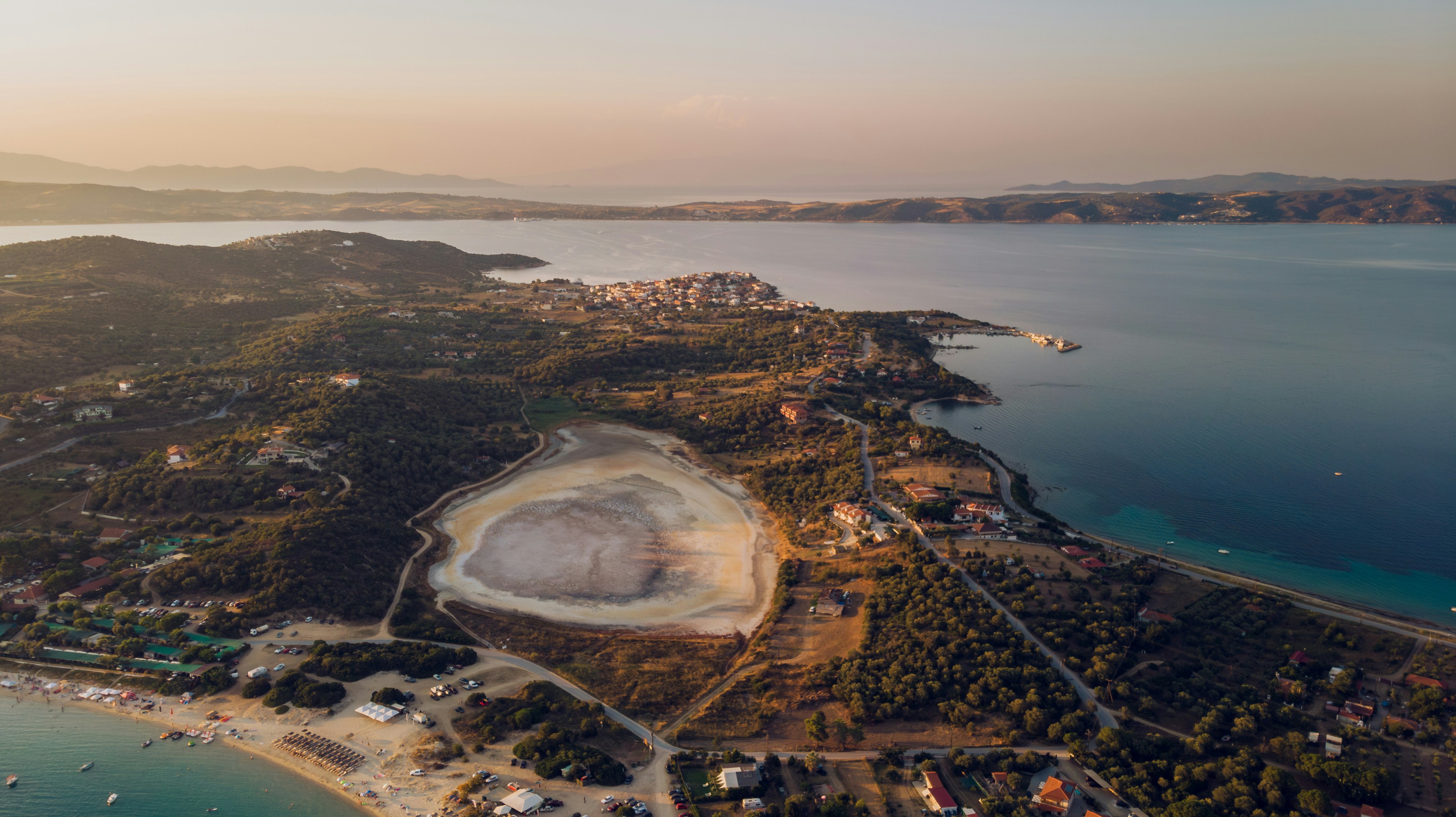 A bird's eye view of a beach and a body of water