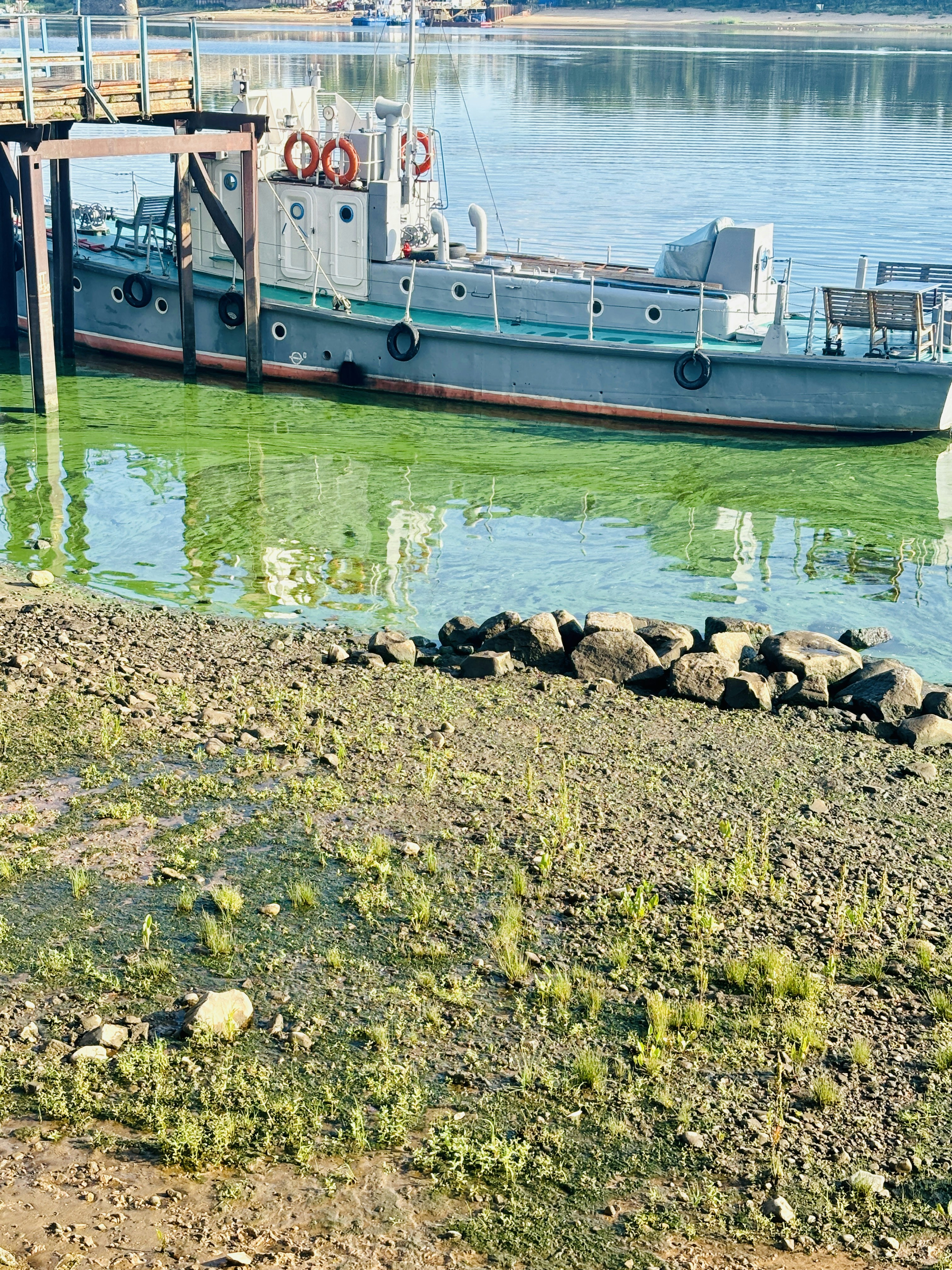 A boat is docked at a dock on the water
