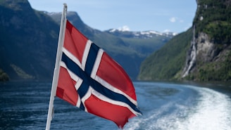 A flag flying from a boat in a body of water