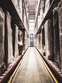 A train track in a large building with statues on it