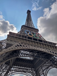 The eiffel tower with the olympic logo on it