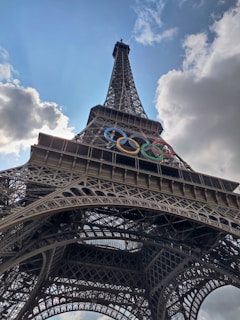 The eiffel tower with the olympic logo on it