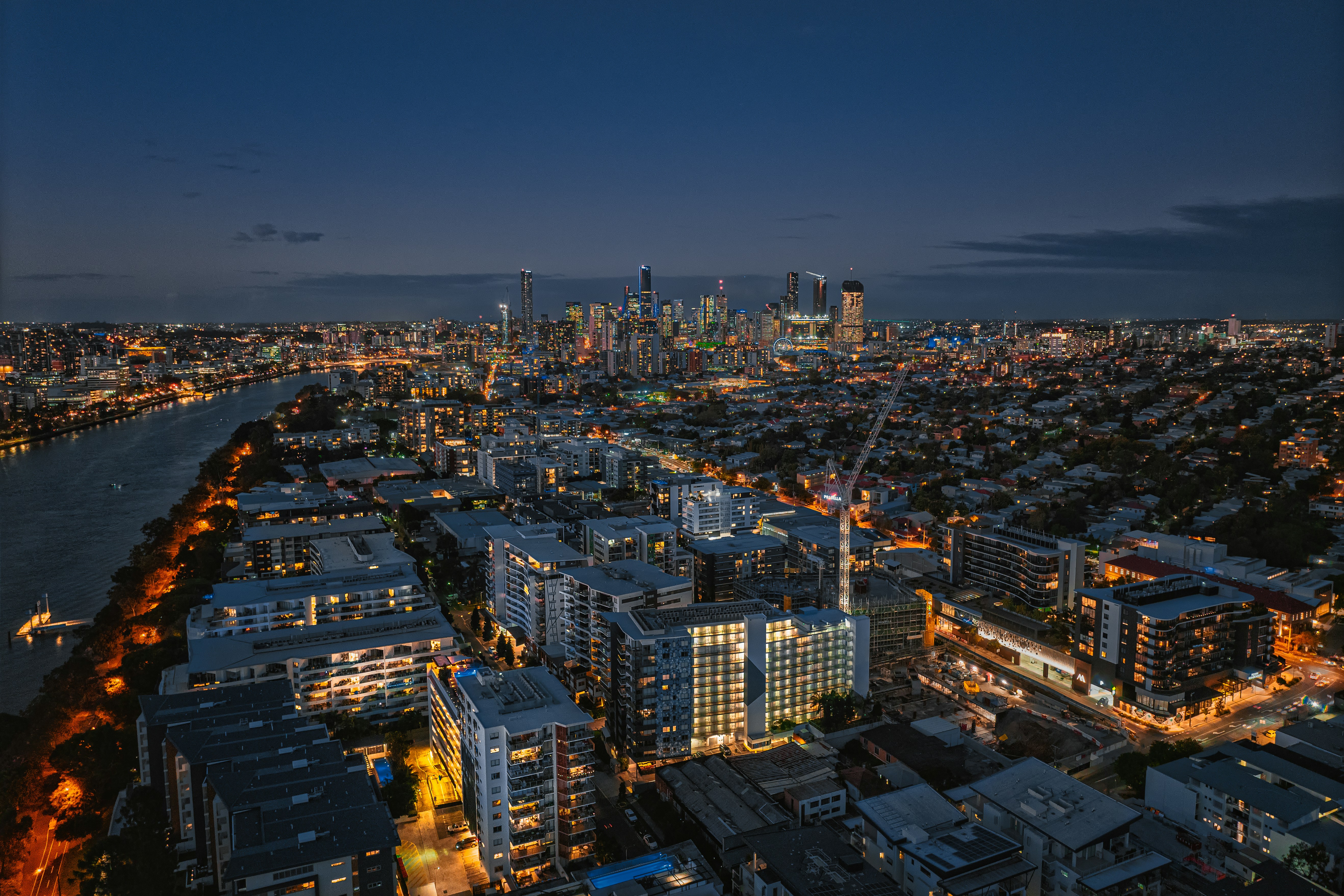 An aerial view of a city at night