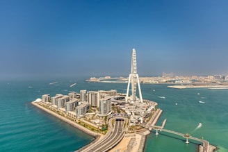 An aerial view of a city and the ocean