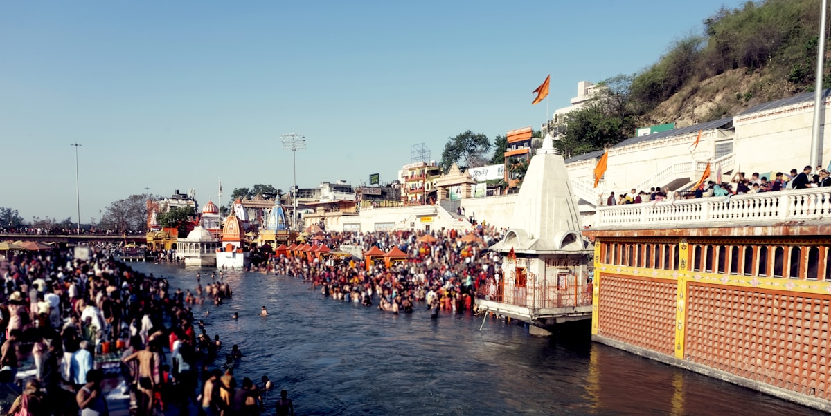 Devotees gathered at Har Ki Pauri ghat on the banks of the Ganga in Haridwar