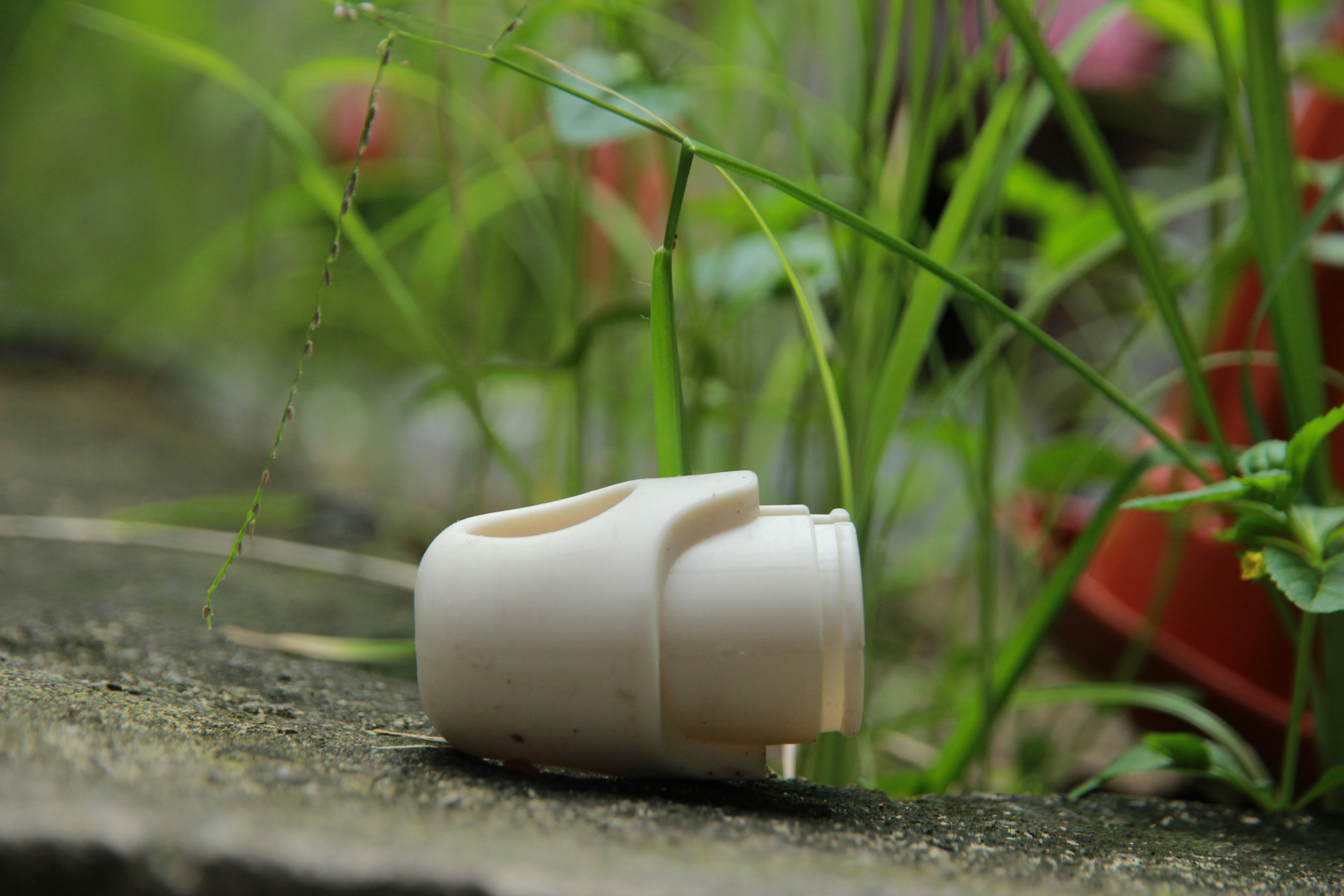 A white object sitting on the ground next to some plants