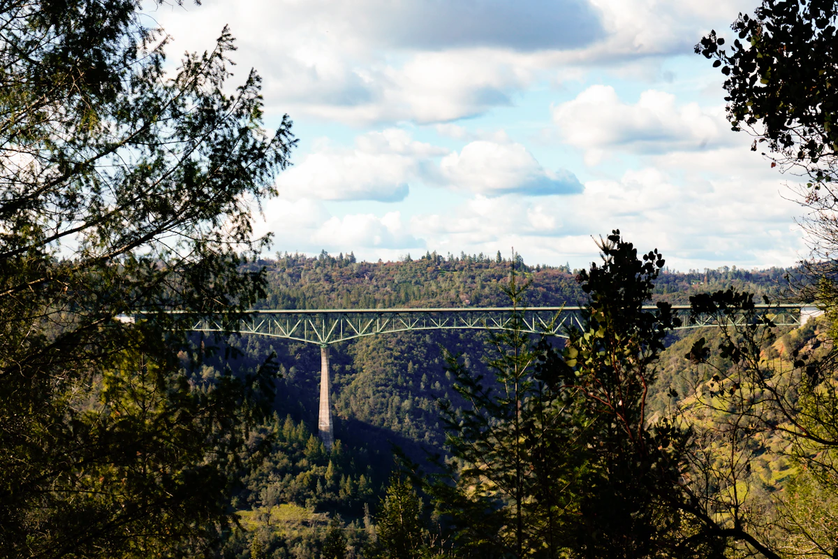 The Foresthill Bridge seen through trees across a forested canyon near Auburn