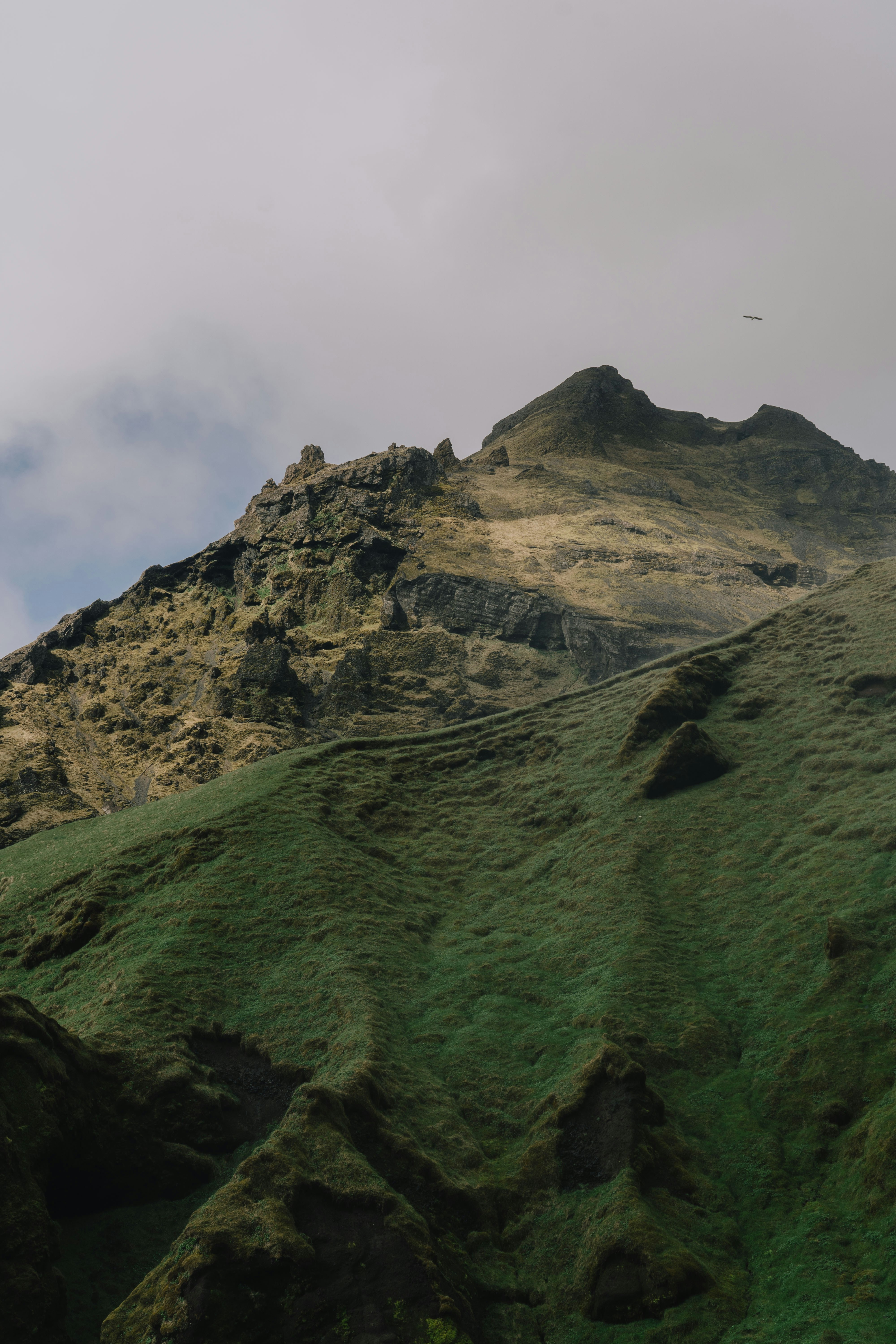 A very tall mountain covered in green grass