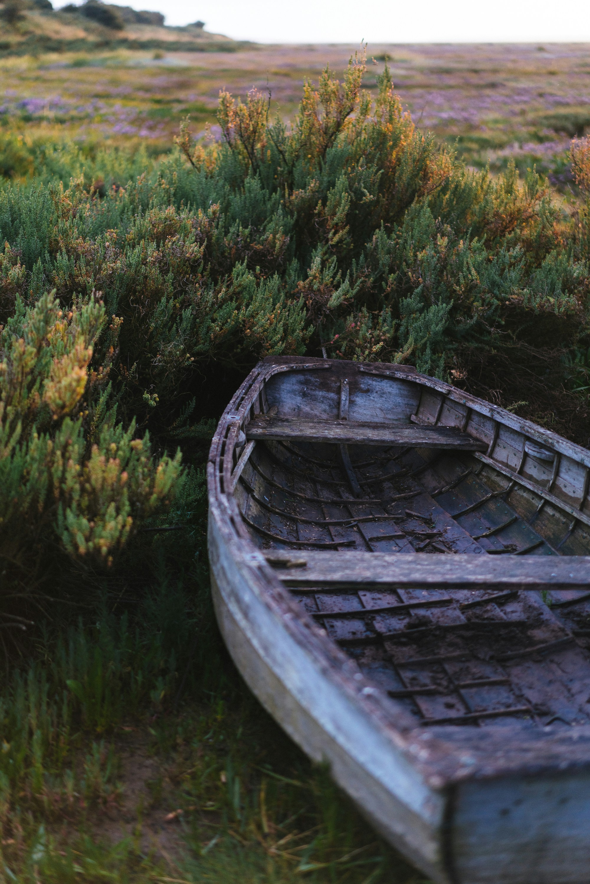 A small boat sitting on top of a grass covered field