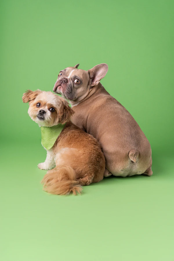 Dos perros pequeños sentados juntos sobre fondo verde