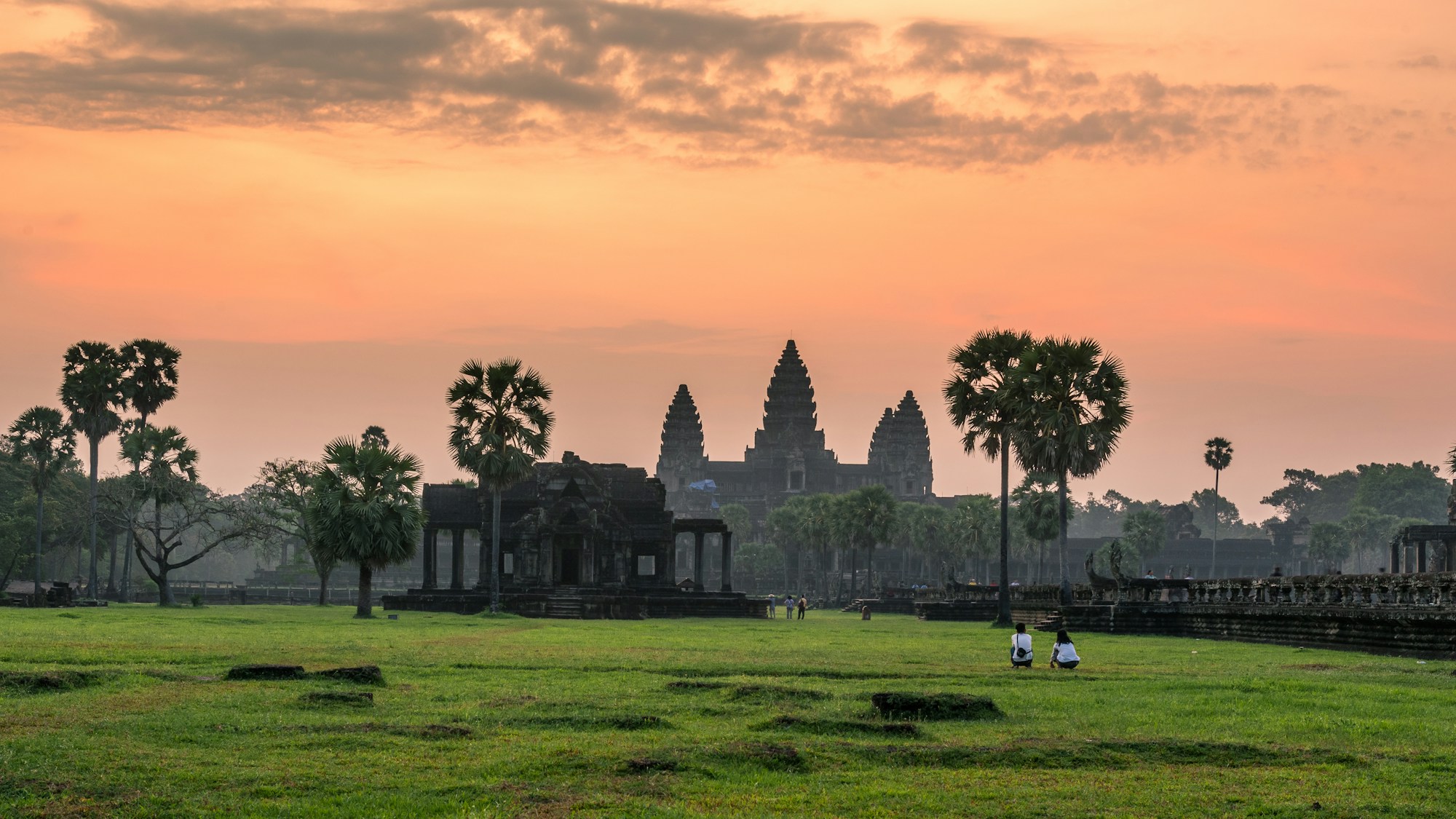 Cambodia temple ruins at dusk with warm evening light