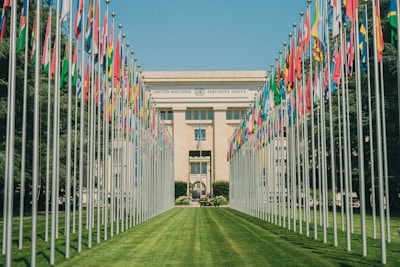 A long row of flags in front of a building