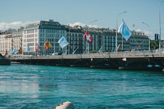 A bridge over a body of water with buildings in the background