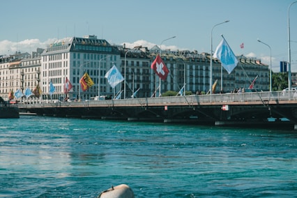 A bridge over a body of water with buildings in the background
