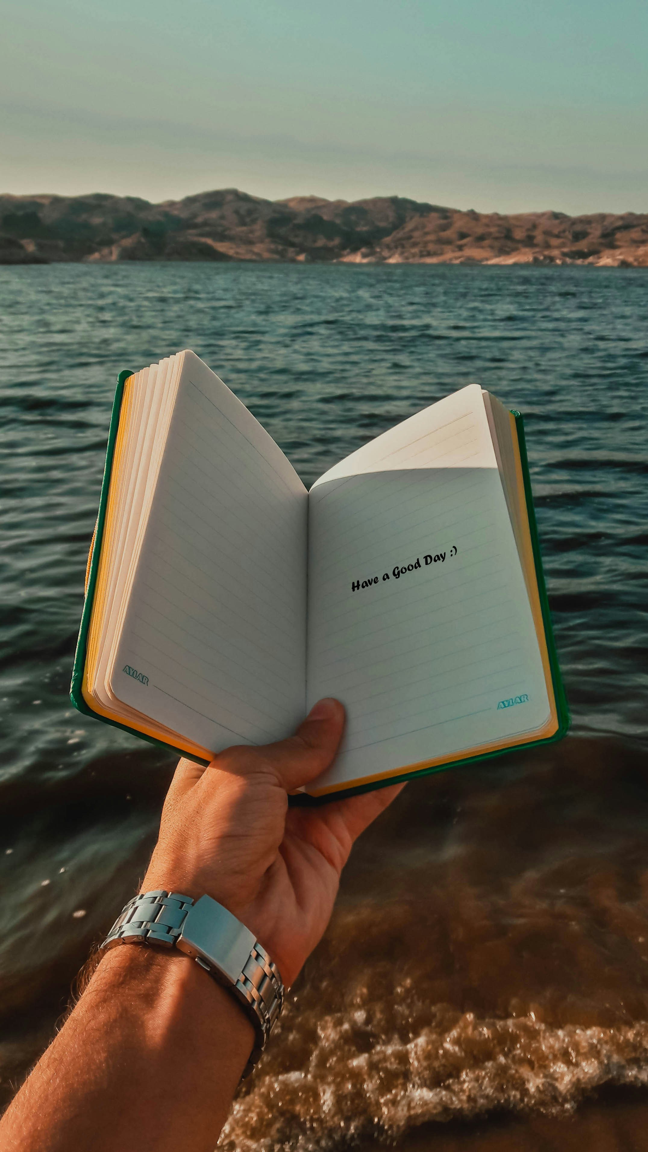 A hand holding a book over a body of water