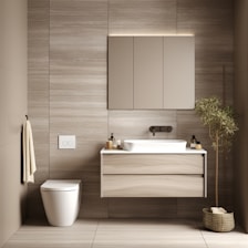 A bathroom with a toilet, sink and mirror