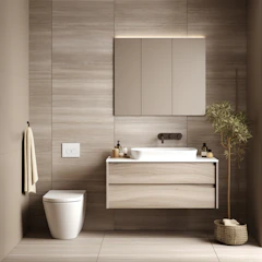 A bathroom with a toilet, sink and mirror
