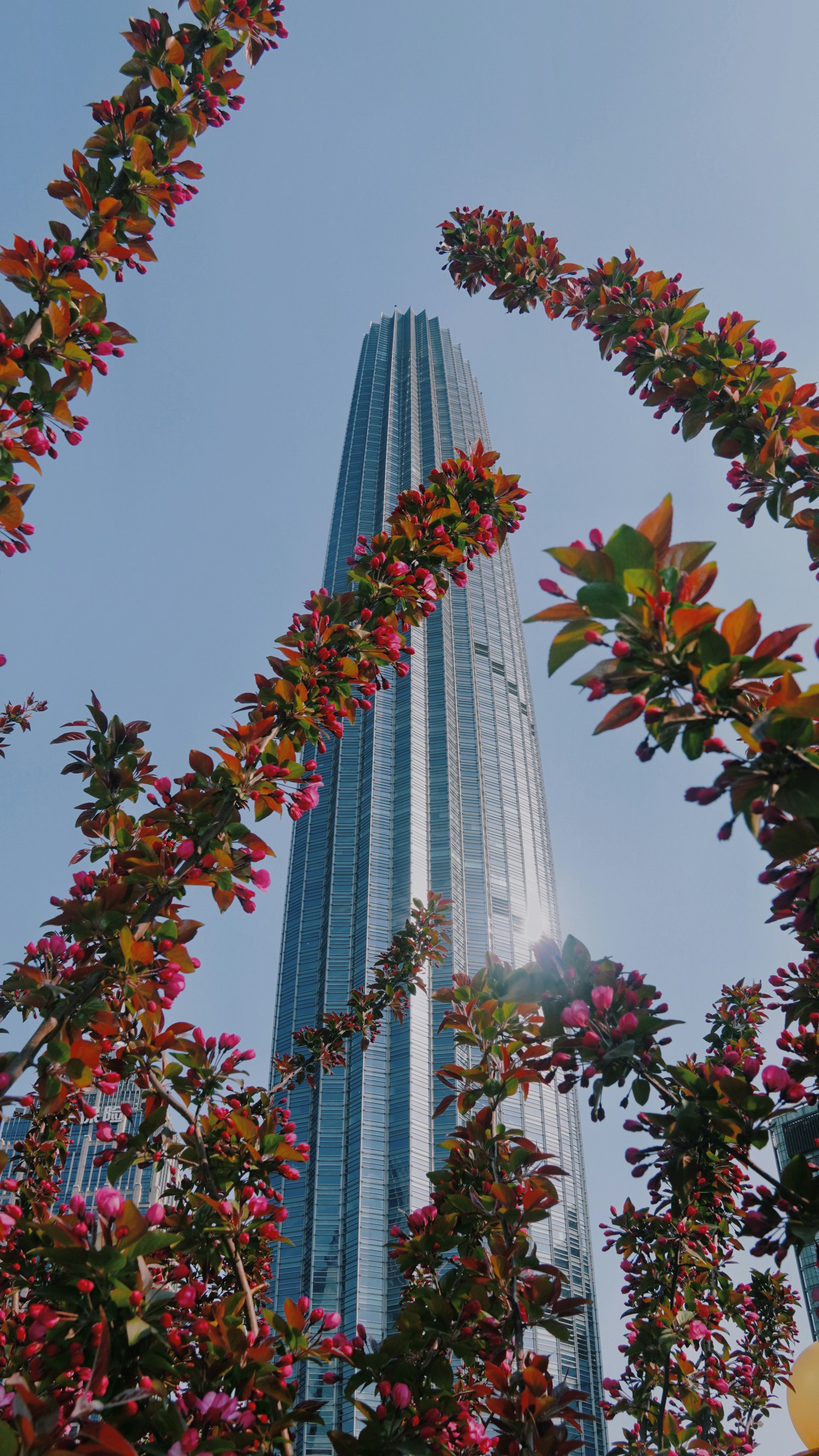 A tall building towering over a lush green forest