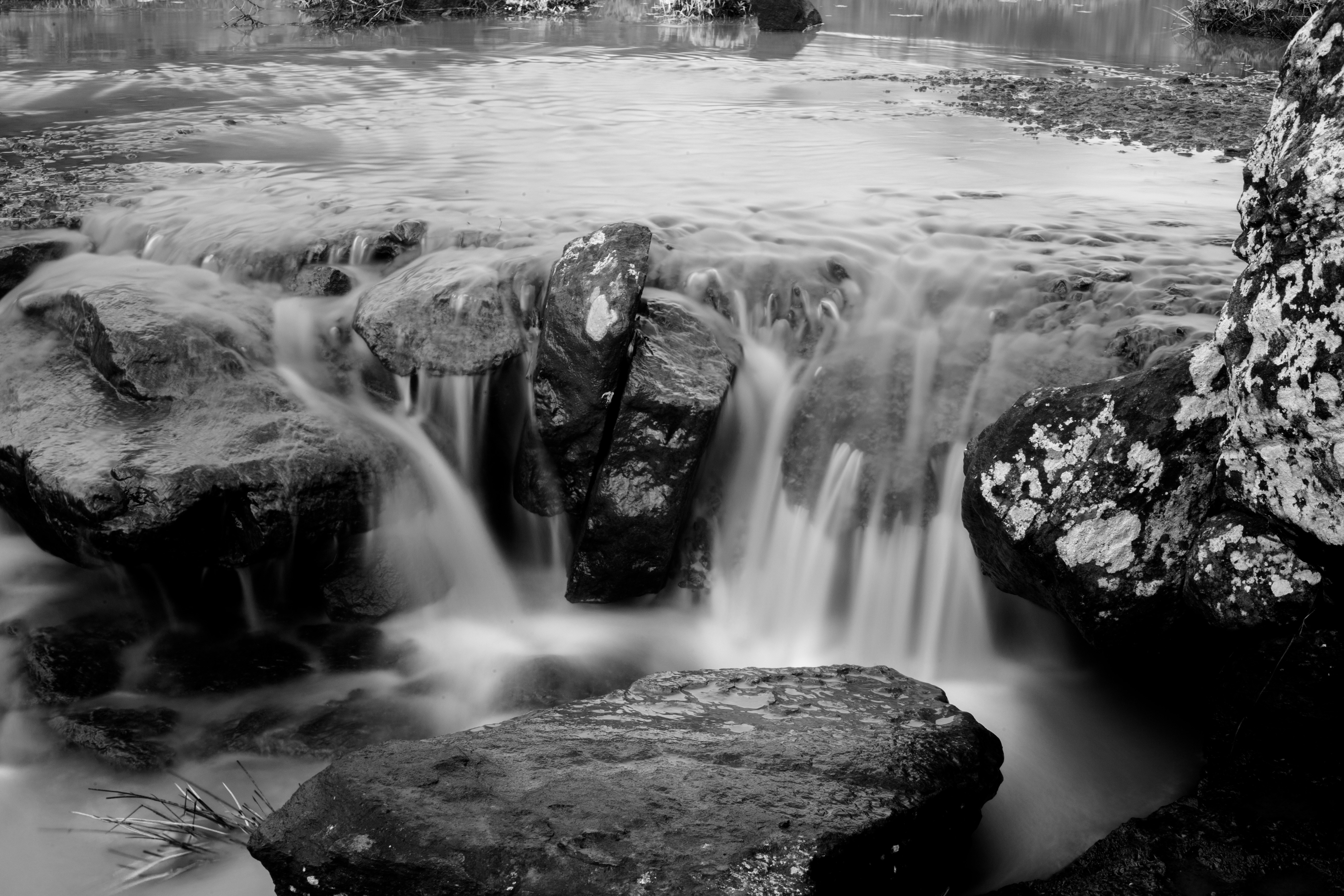 Une photo en noir et blanc d’une petite cascade