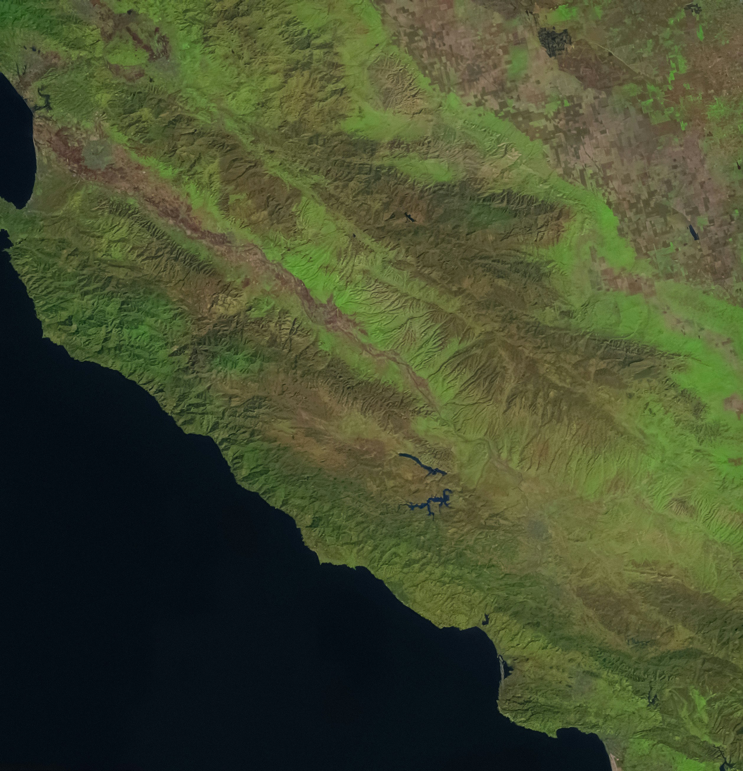 A satellite view of a coastal area for the main map visualization.