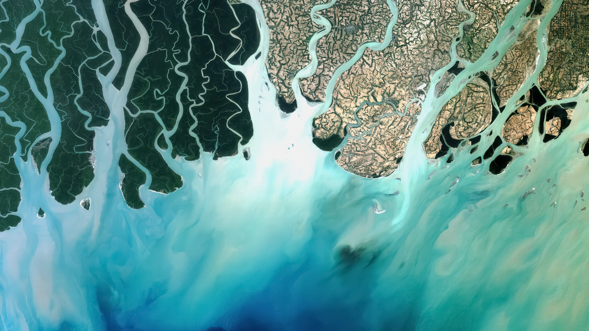 Landsat 9 satellite image of the Ganges–Brahmaputra delta coast and Sundarbans mangroves on the Bay of Bengal