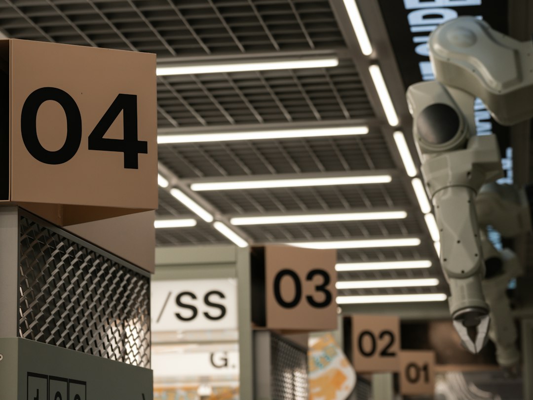 A number of signs in a store near a camera