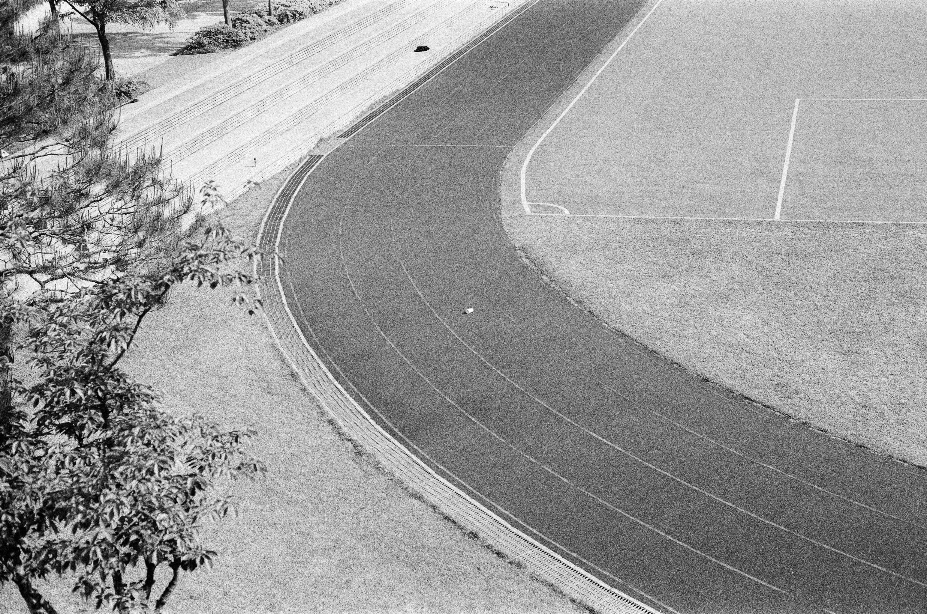 A black and white photo of a track
