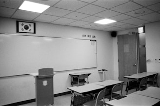 A black and white photo of a classroom