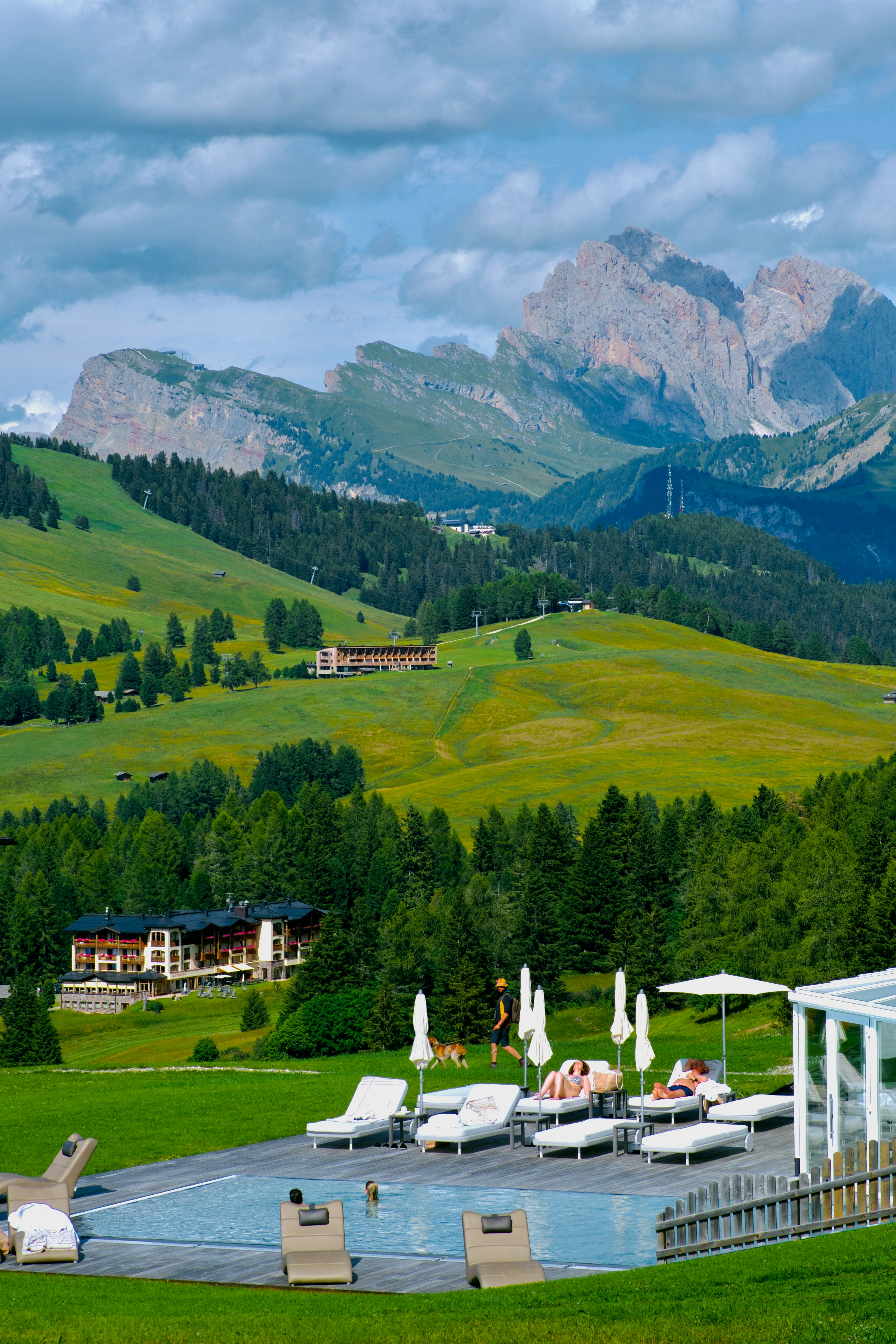 A pool surrounded by lounge chairs in the middle of a lush green field