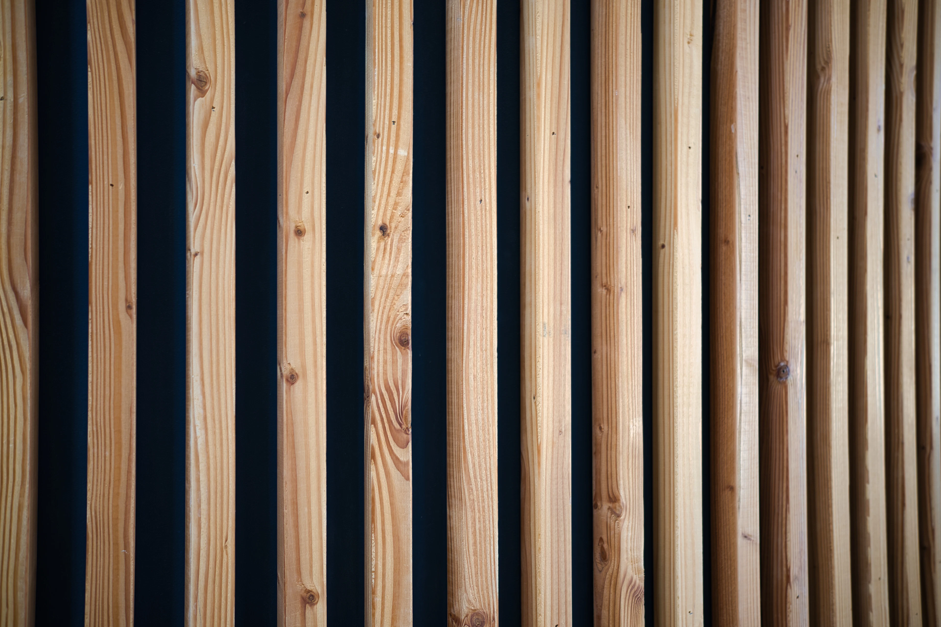 Close-up of a wooden slatted feature wall panel
