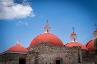 A church with red domes and a cactus in front of it