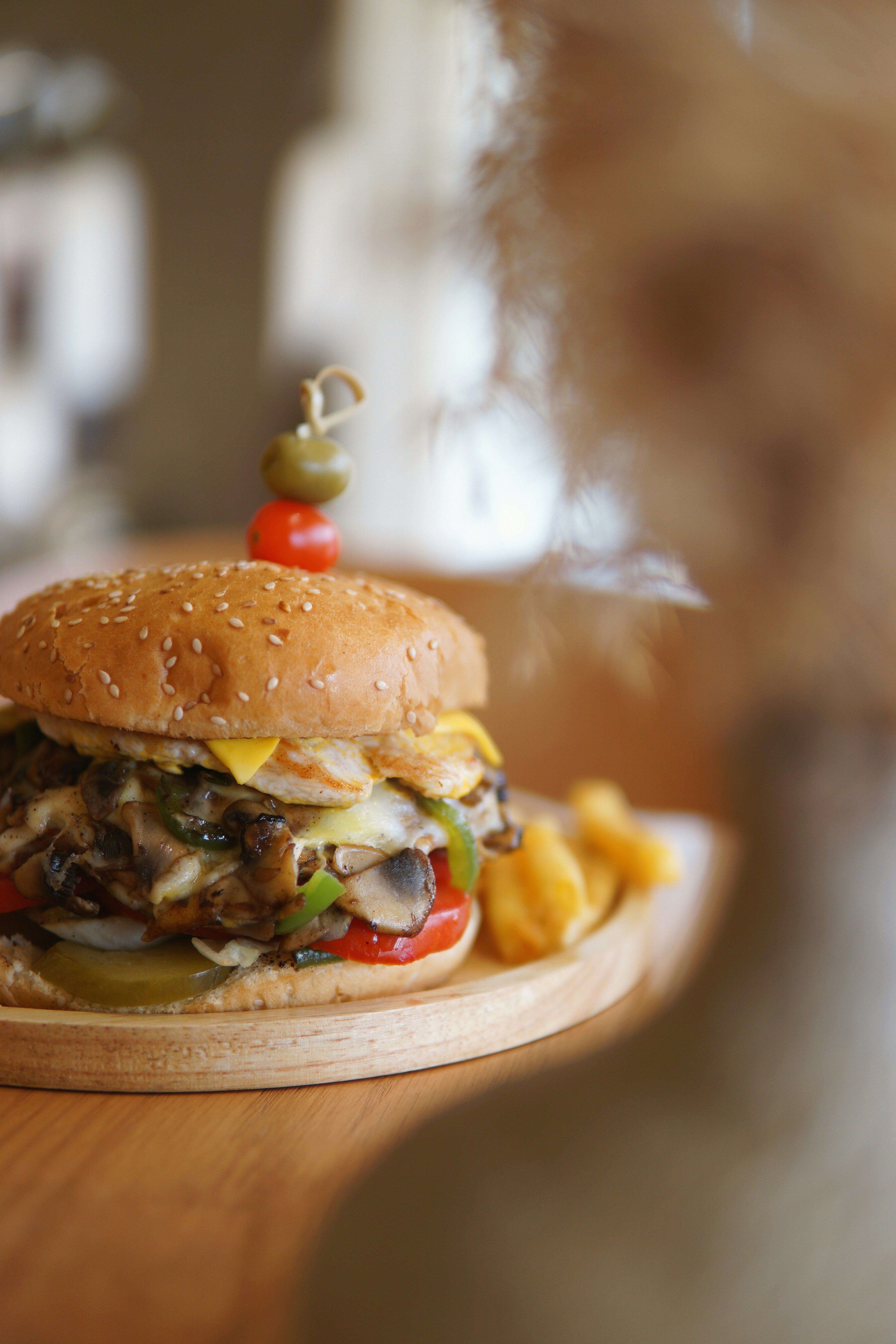 A close up of a hamburger on a plate