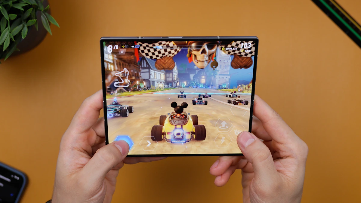A Samsung Galaxy Z Fold, previous generation, unfolded with its main screen open -- representative of the book-style foldable form factor, not the actual Z Fold 8